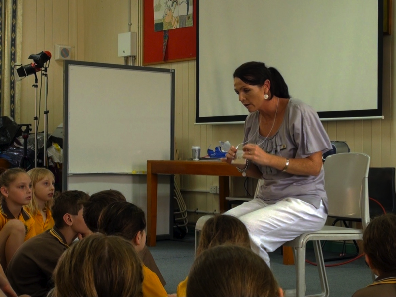 teacher illustrating her role as producer when wearing a card